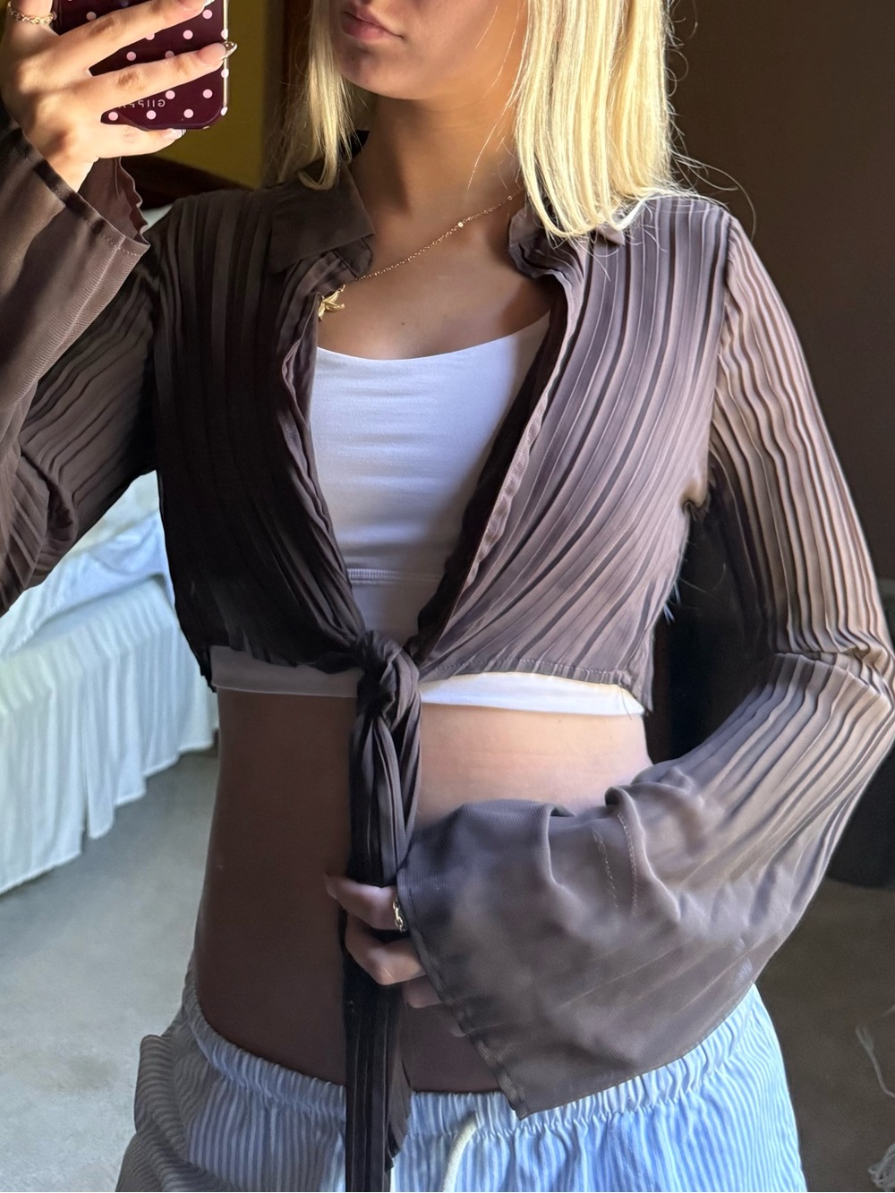 Urban Outfitters Brown Sheer Pleated Tie-Front Long Sleeve Top